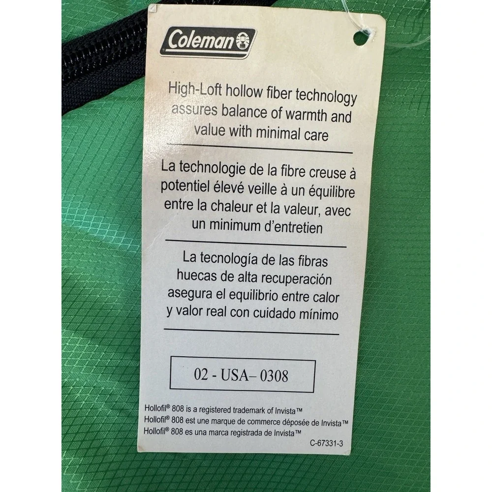 Coleman Rectangle Sleeping Bag 36x80 3.5lbs Hollofil 808 Insulation Camping